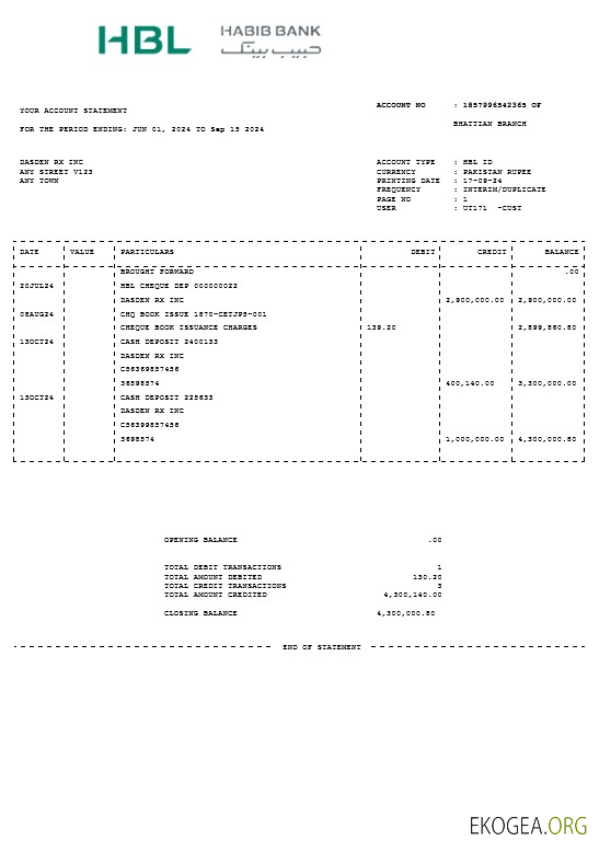 Modèle Word et PDF de facture de services publics d'entreprise PAKISTAN HBL